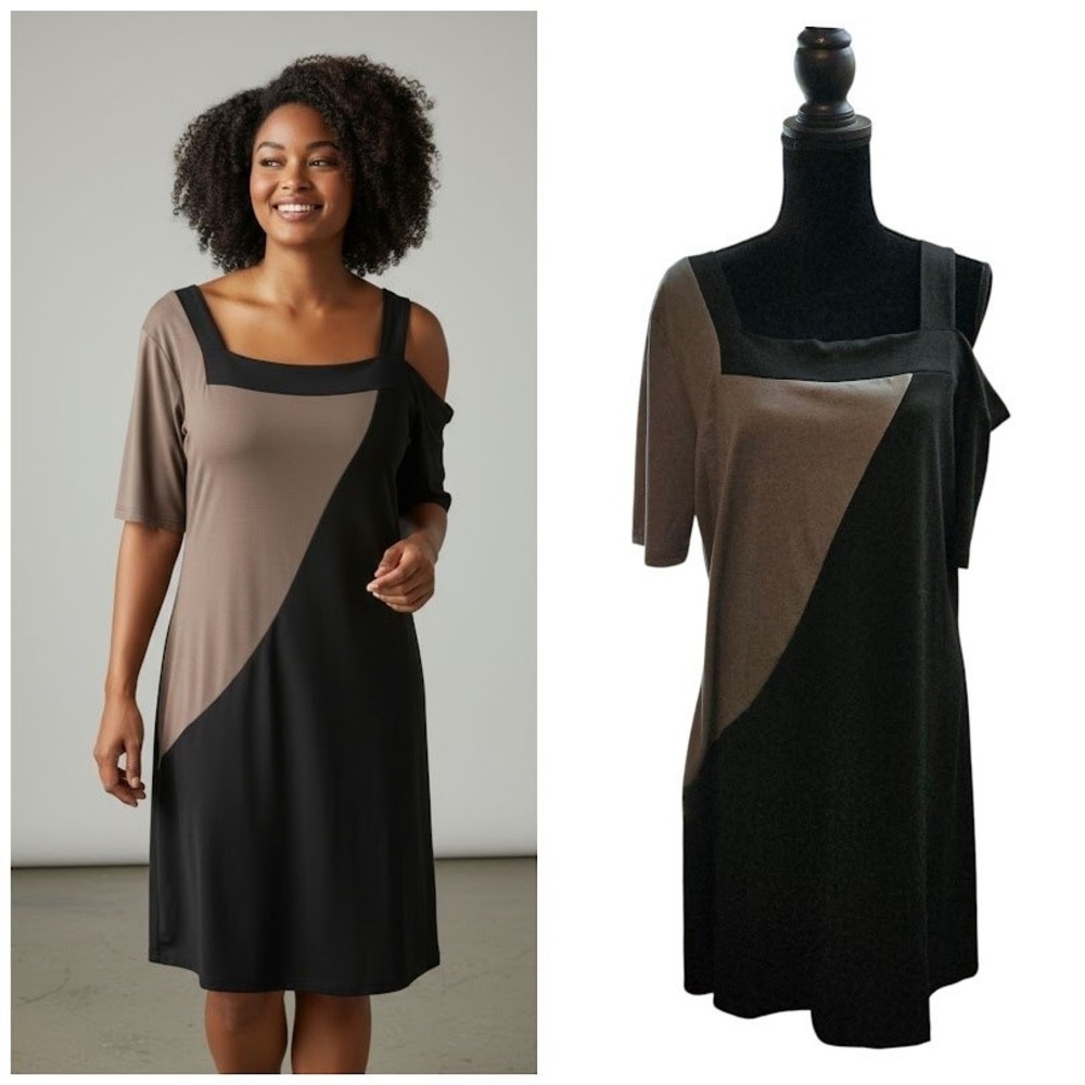 Unbranded Cold‎ Shoulder Asymmetrical Block Color Midi Dress Sz XL